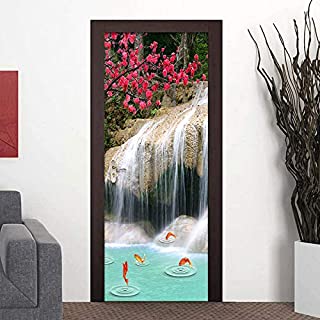 Adhesivo decorativo para puerta con diseno de cascada- paisaje de carpas en 3D- para pared o salon- 95 x 215 cm- pvc- 95x215cm