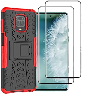 FANFO® Funda para Xiaomi Redmi Note 9S-9 Pro-9 Pro MAX de Silicona y PC Antigolpes Carcasa Protectora Anti-aranazos y Antideslizante con Soporte Incoporado- Rojo + 2 Piezas Protector de Pantalla
