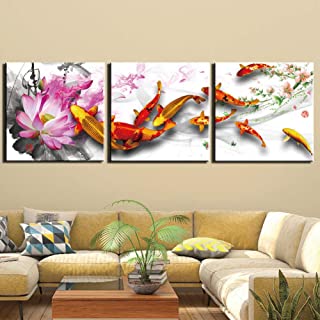 KDSFHLL 3 Cuadros consecutivos Koi Carpa Fengshui Lienzo Pintura Arte de la Pared Imagenes Impresas 3 Pinturas de Paneles Foto para la decoracion de la Sala de Estar