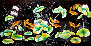 Set de cuadro de madera lacada 100 x 200 cm – 9 peces carpa de Koi y flor de loto en relieve pintado a mano – Artesania de Vietnam (ref. 8S-152312)